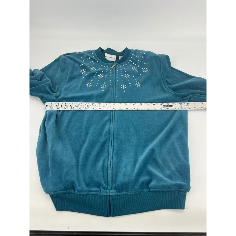 Alfred Dunner Womens Jacket Size 16 Blue Velour Floral‎ Rhinestone Zip Up